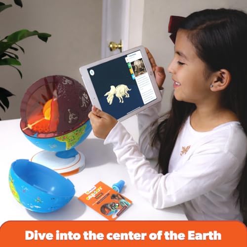 Child learning with PlayShifu Orboot Earth Explorer AR globe and tablet